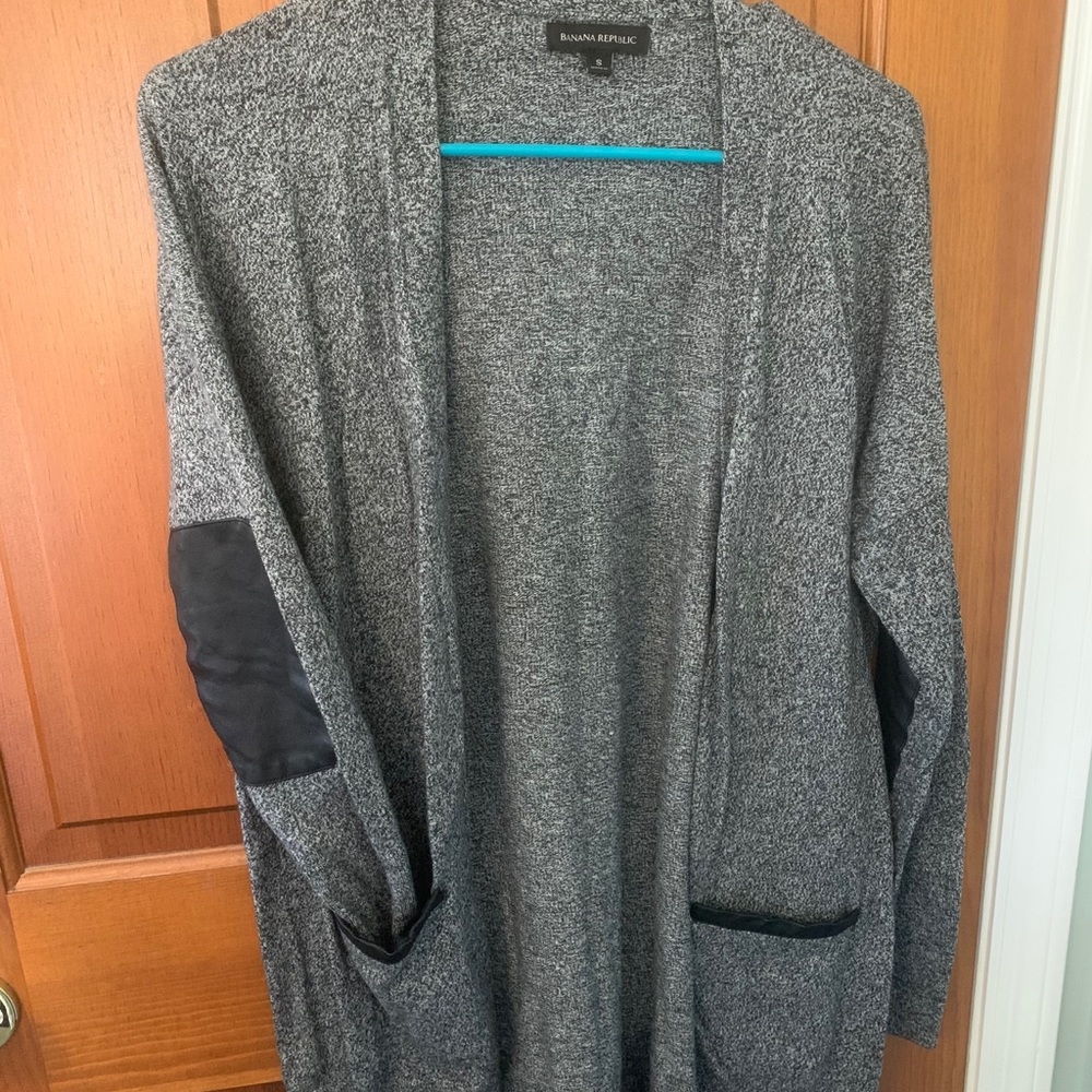 Gray sweater with leather elbow patches